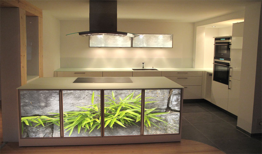 stylische Küche mit Glasfronten `Bambus` (Bild-Nr. 0200110)

