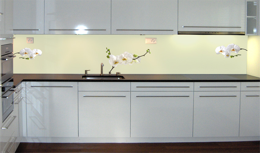 Eine Küche zum Wohlfühlen, in hellen Tönen gehalten, mit zeitloser weisser Orchidee (Bild-Nr. 0200476)

